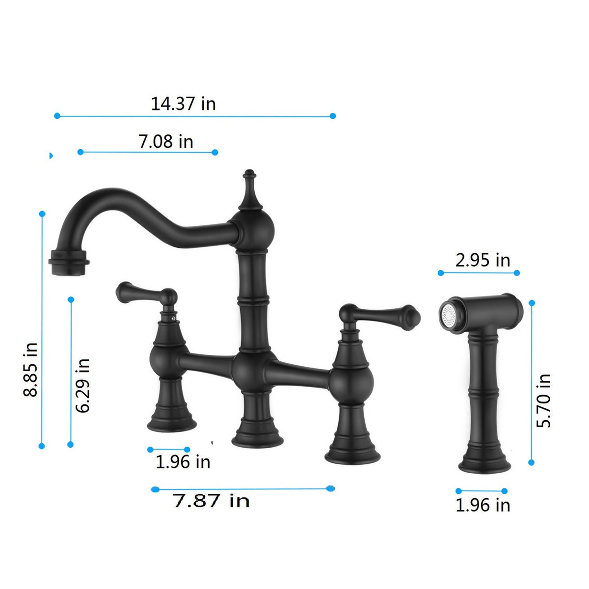 Bridge Dual Handles Kitchen Faucet with Pull-Out Side Spray - Brass, photo 7 of 10