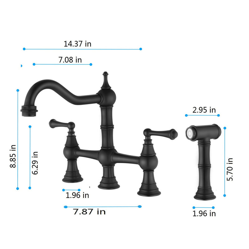 Bridge Dual Handles Kitchen Faucet with Pull-Out Side Spray - Brass, photo 7 of 10