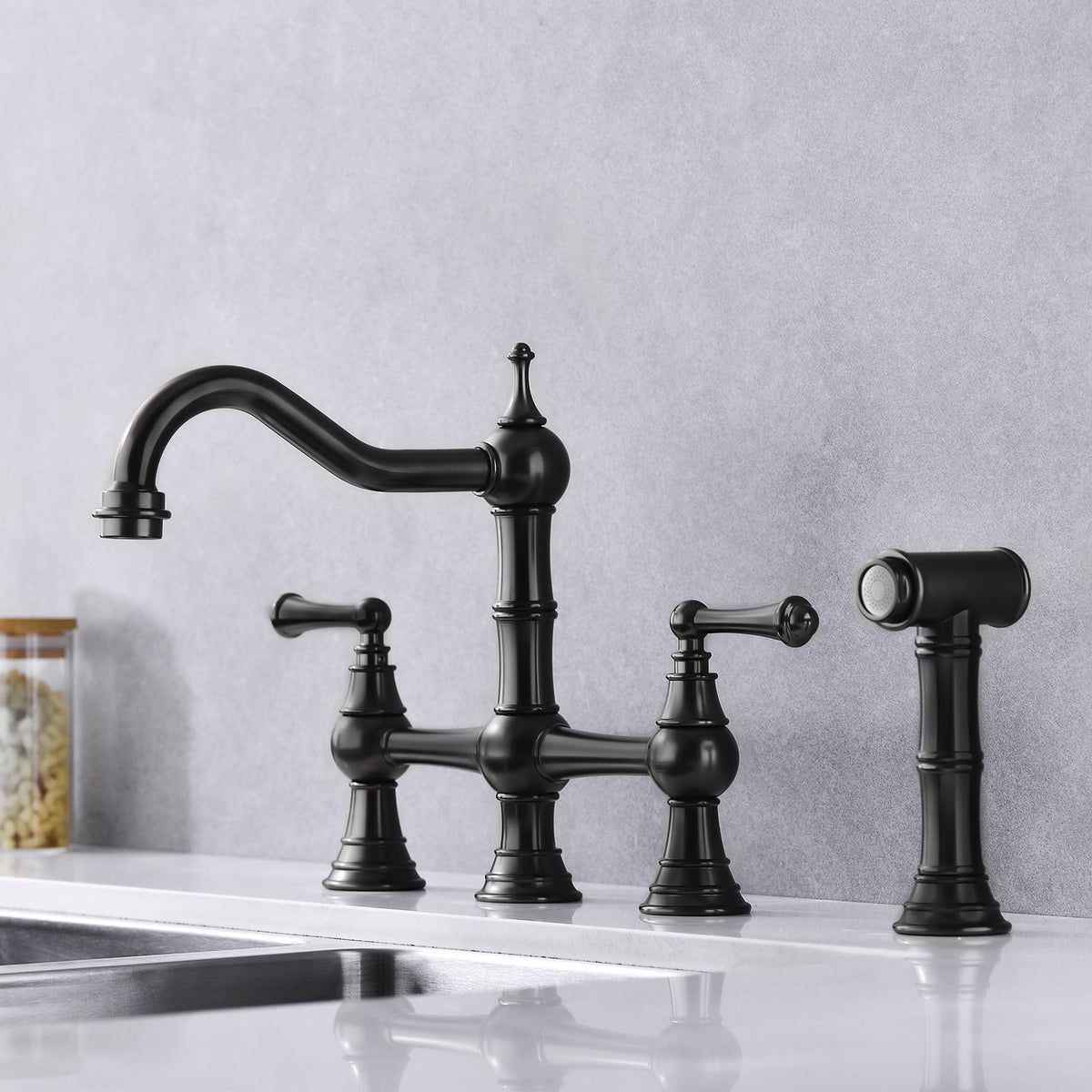Bridge Dual Handles Kitchen Faucet with Pull-Out Side Spray - Brass, photo 2 of 10