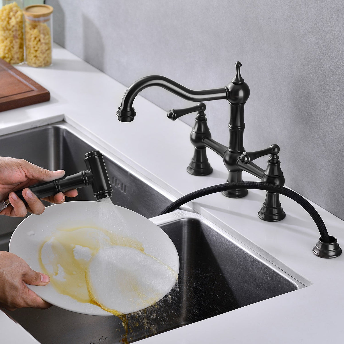 Bridge Dual Handles Kitchen Faucet with Pull-Out Side Spray - Brass, photo 3 of 10