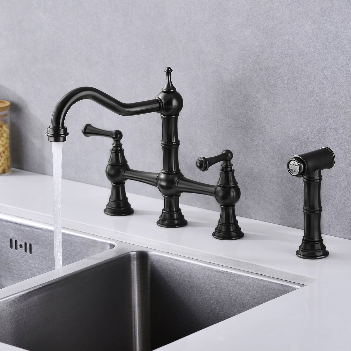 Bridge Dual Handles Kitchen Faucet with Pull-Out Side Spray - Brass, photo 9 of 10