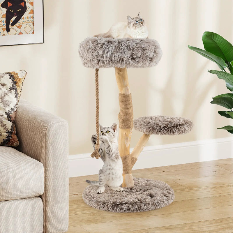 Modern Wooden Cat Tree Tower with Perch and Natural Jute Scratching Posts-Brown by DirectDeals