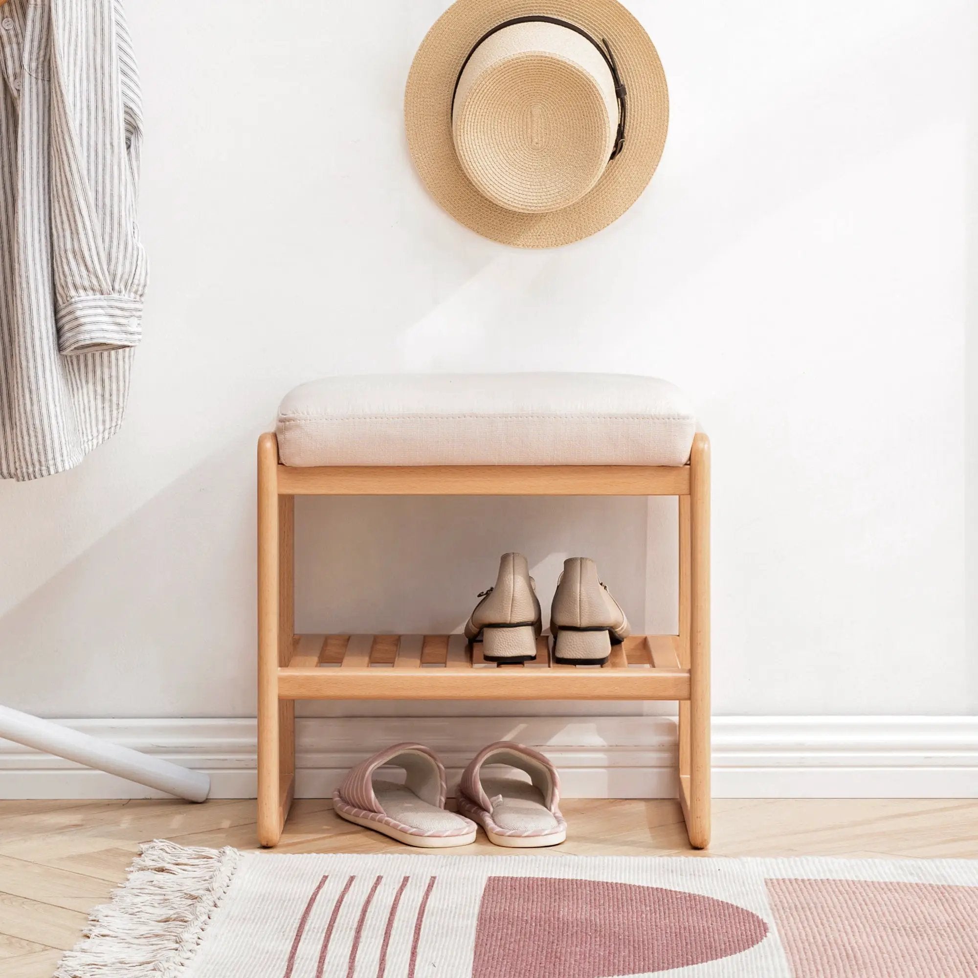 Natural Solid Wood Shoe Bench with High Rebound Sponge Cushion by HouseOfZazla