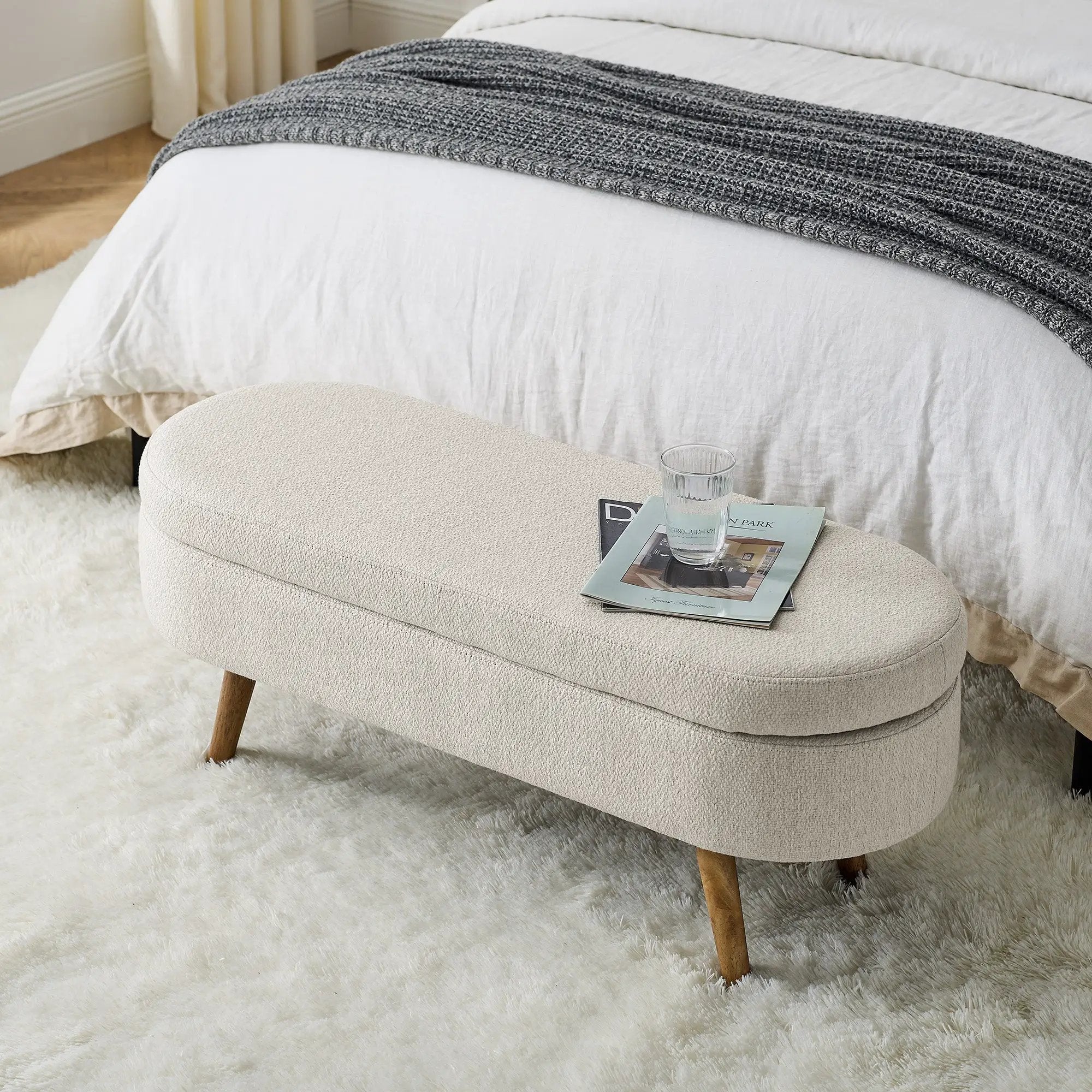 Ottoman Oval Storage Bench, Rubber Wood Legs, Beige (43.5"x16"x16") by HouseOfZazla