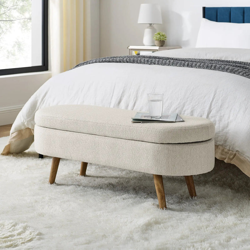 Ottoman Oval Storage Bench, Rubber Wood Legs, Beige (43.5"x16"x16") by HouseOfZazla