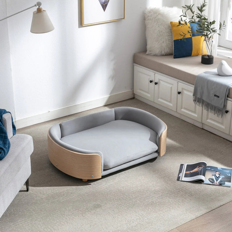 Scandinavian Style Elevated Dog Bed with Solid Wood Legs and Velvet Cushion by HouseOfZazla