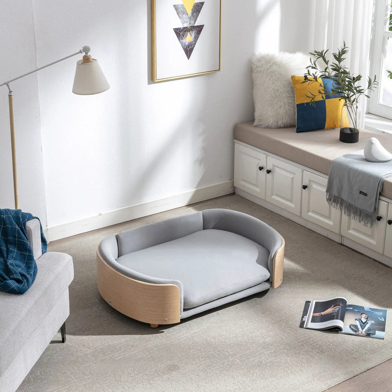 Scandinavian Style Elevated Dog Bed with Solid Wood Legs and Velvet Cushion by HouseOfZazla