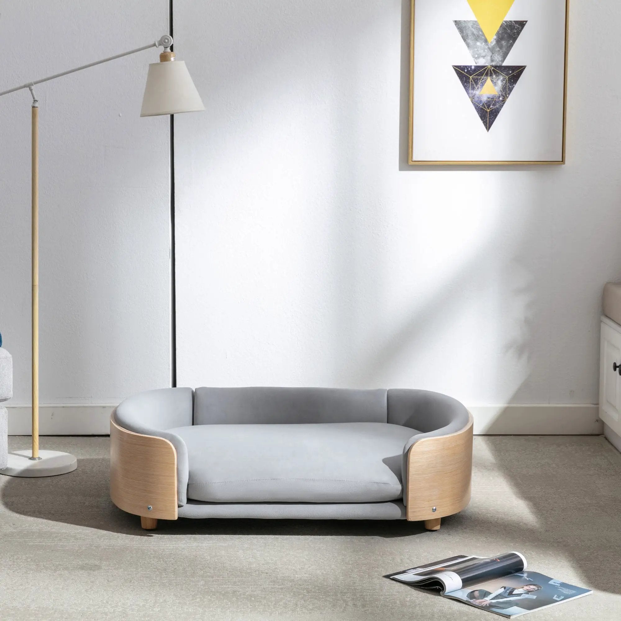 Scandinavian Style Elevated Dog Bed with Solid Wood Legs and Velvet Cushion by HouseOfZazla