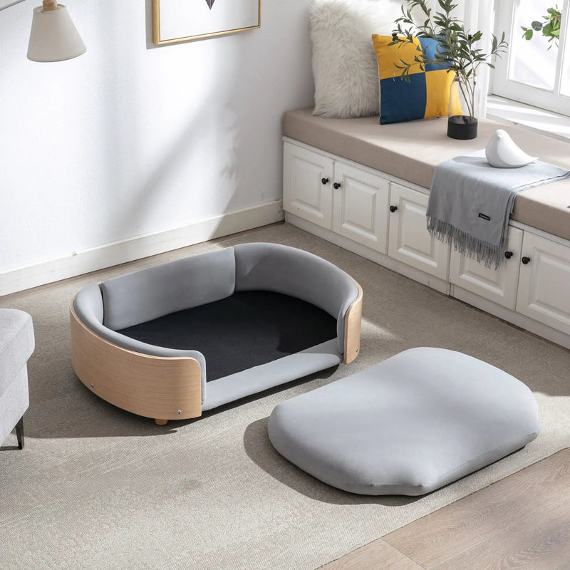 Scandinavian Style Elevated Dog Bed with Solid Wood Legs and Velvet Cushion by HouseOfZazla