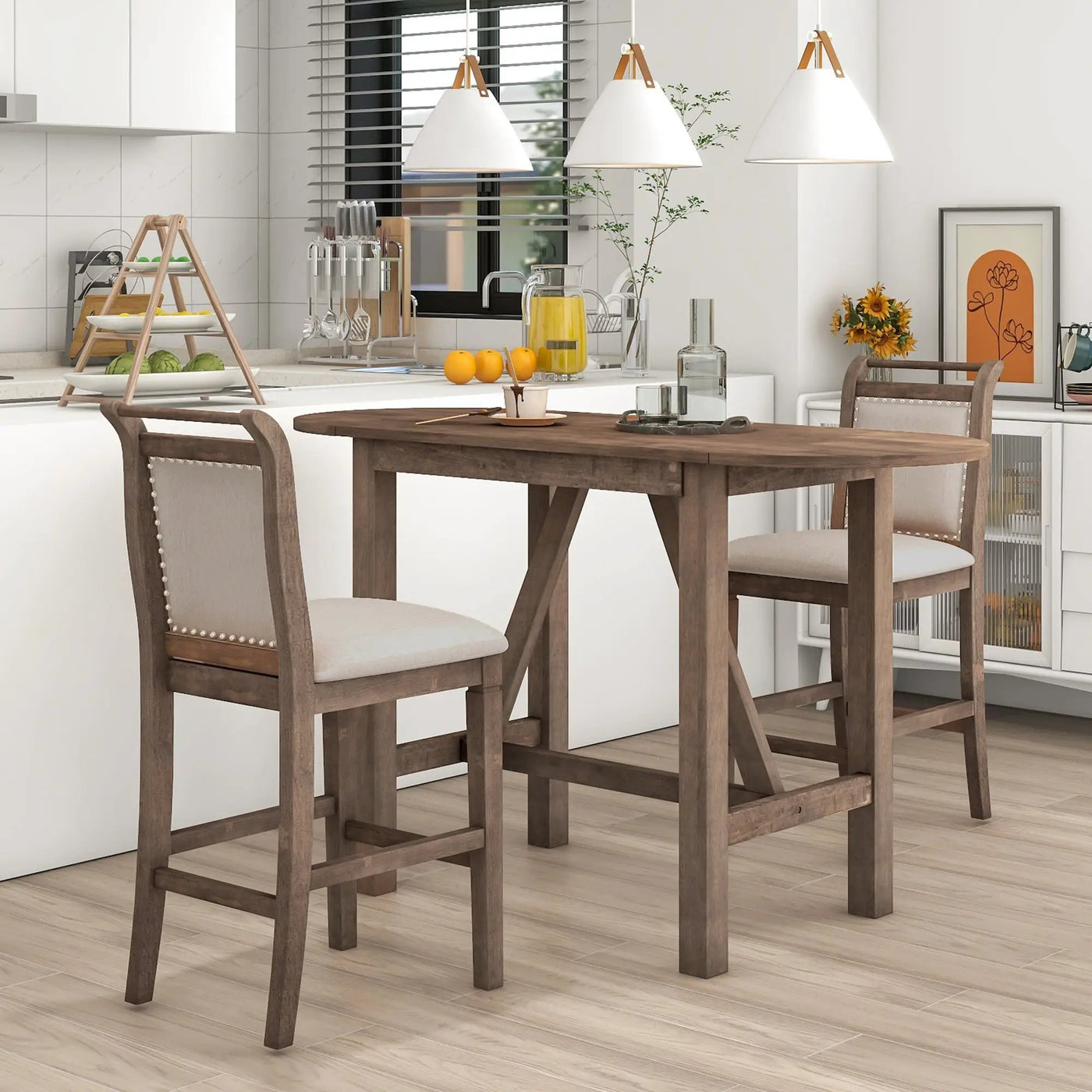 TOPMAX 3-Piece Wood Counter Height Drop Leaf Dining Table Set with 2 Upholstered Chairs by HouseOfZazla