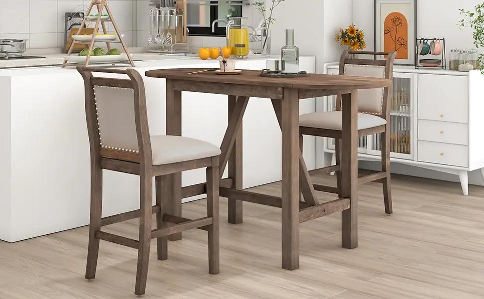 TOPMAX 3-Piece Wood Counter Height Drop Leaf Dining Table Set with 2 Upholstered Chairs by HouseOfZazla