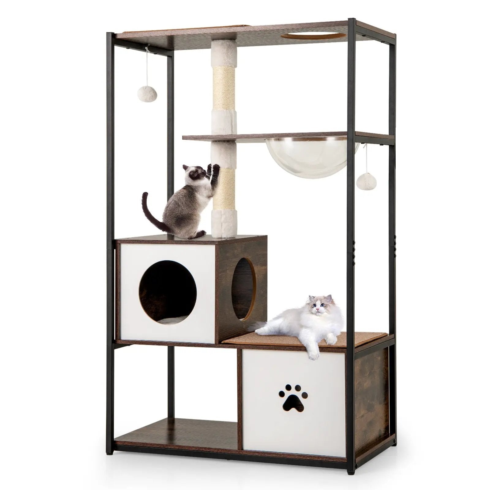 52 Inch Tall Wooden Cat Tree Metal Frame with 2 Condos and Cushions-Coffee by DirectDeals