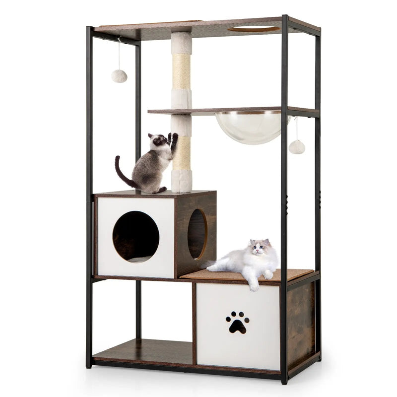 52 Inch Tall Wooden Cat Tree Metal Frame with 2 Condos and Cushions-Coffee by DirectDeals