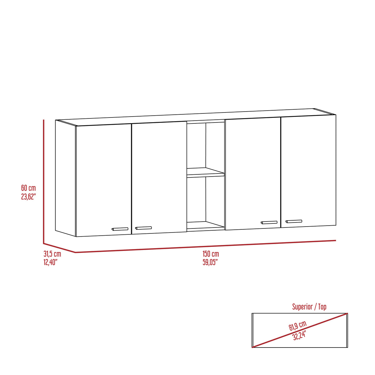 59-Inch Four Swing Doors Wall Cabinet with Glass Panels – Wenge, photo 6 of 7