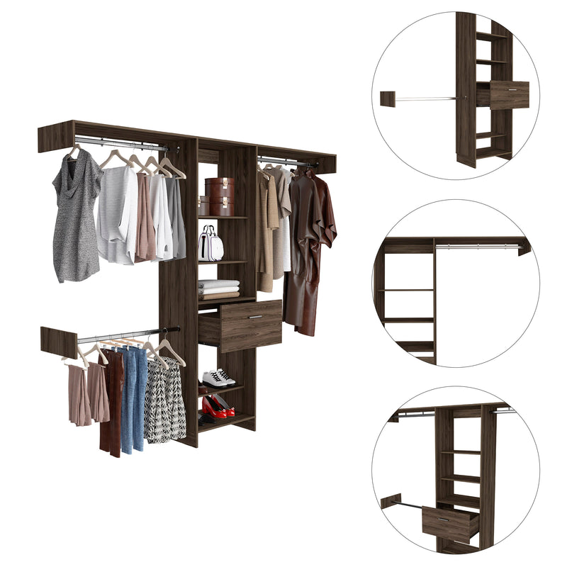 Calveston 1-Drawer 4-Shelf Closet System with Metal Rods - Dark Walnut