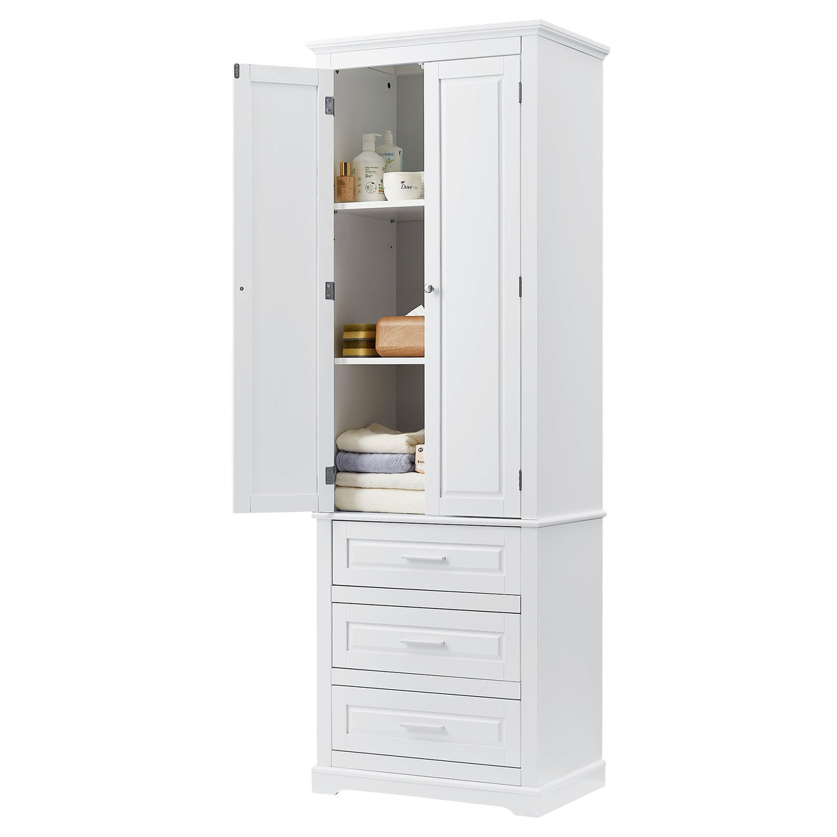 Tall Storage Cabinet with Three Drawers and Adjustable Shelf - White MDF, photo 9 of 10