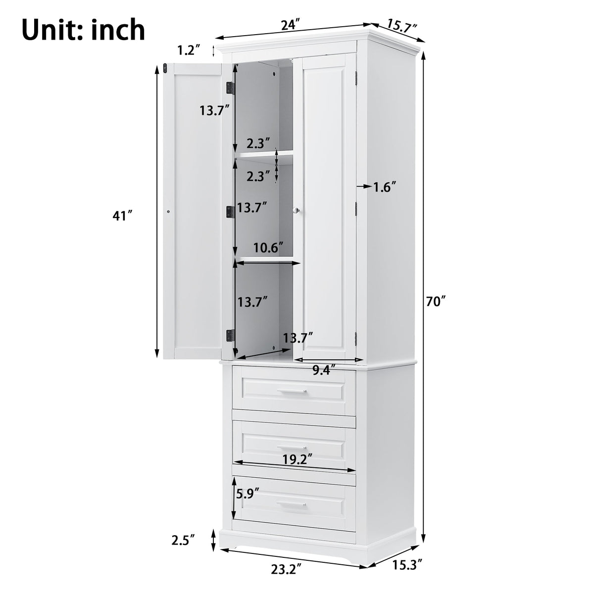 Tall Storage Cabinet with Three Drawers and Adjustable Shelf - White MDF, photo 7 of 10