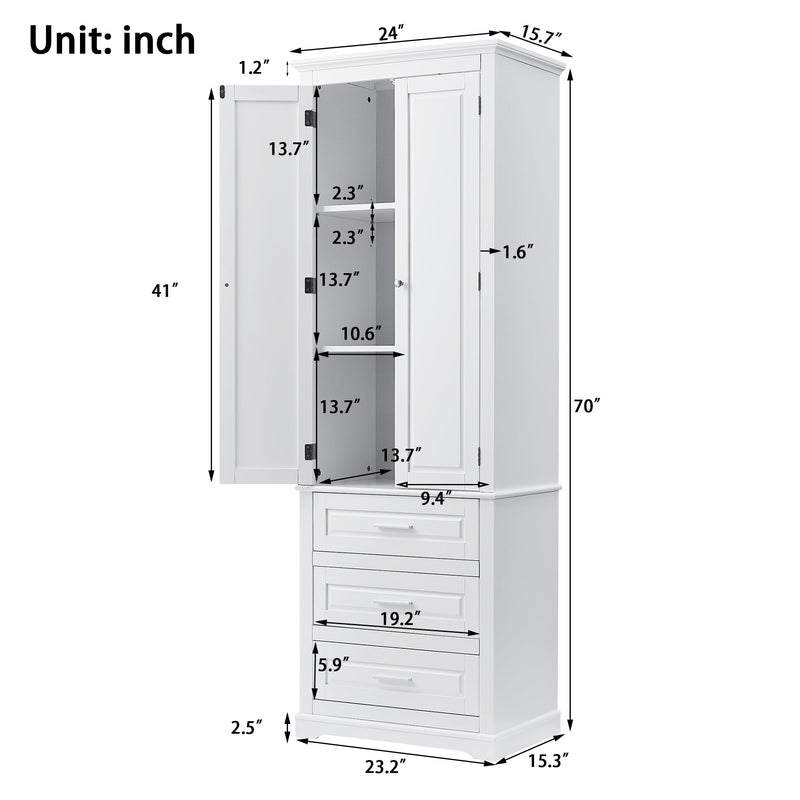 Tall Storage Cabinet with Three Drawers and Adjustable Shelf - White MDF, photo 7 of 10