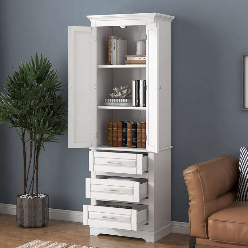 Tall Storage Cabinet with Three Drawers and Adjustable Shelf - White MDF, photo 3 of 10