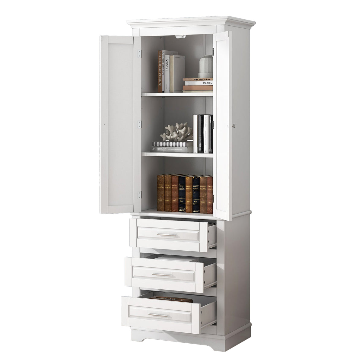 Tall Storage Cabinet with Three Drawers and Adjustable Shelf - White MDF, photo 10 of 10