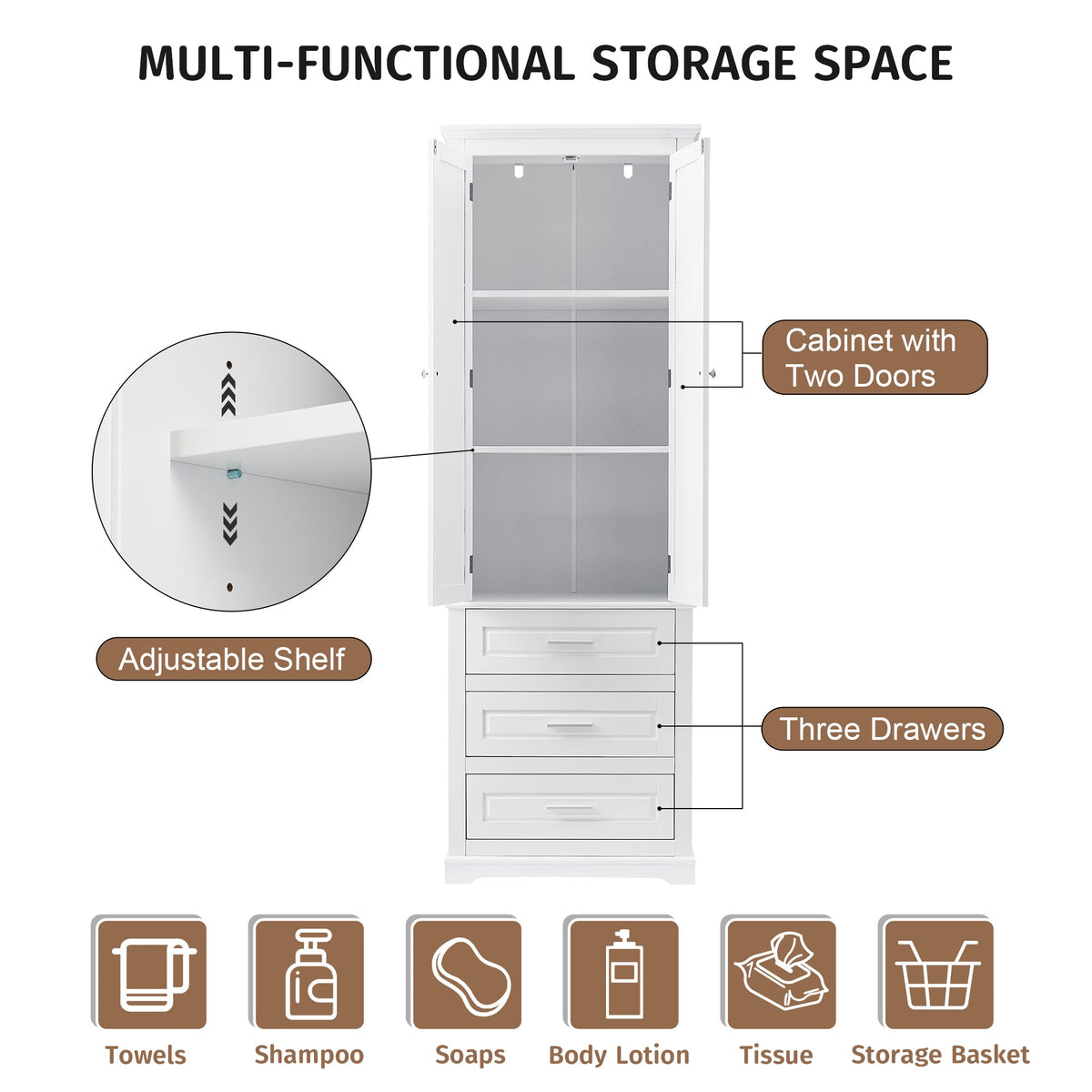 Tall Storage Cabinet with Three Drawers and Adjustable Shelf - White MDF, photo 5 of 10