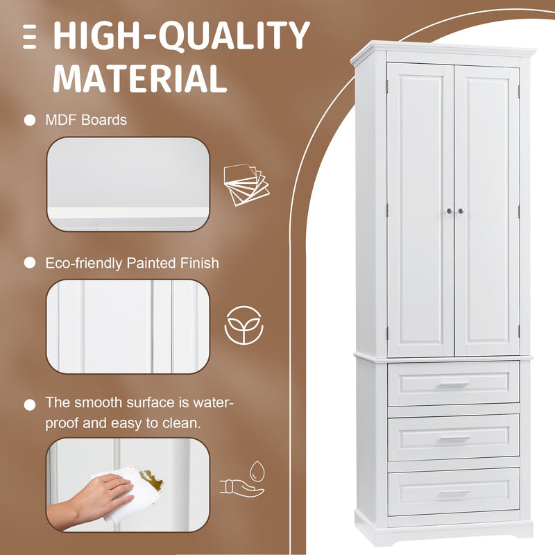 Tall Storage Cabinet with Three Drawers and Adjustable Shelf - White MDF, photo 6 of 10