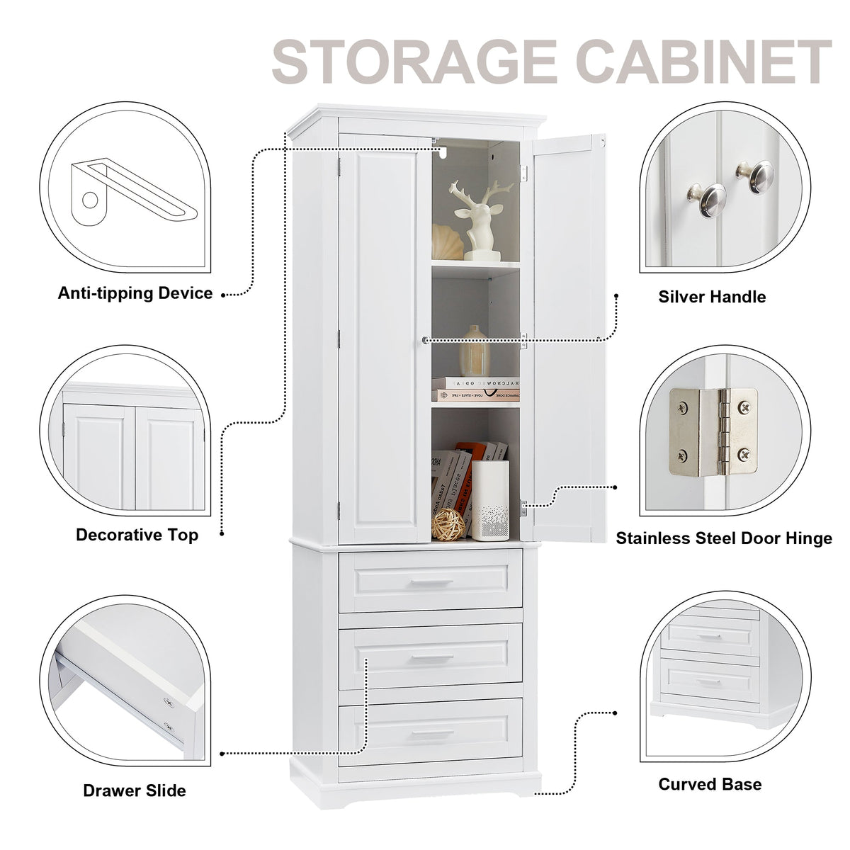 Tall Storage Cabinet with Three Drawers and Adjustable Shelf - White MDF, photo 4 of 10