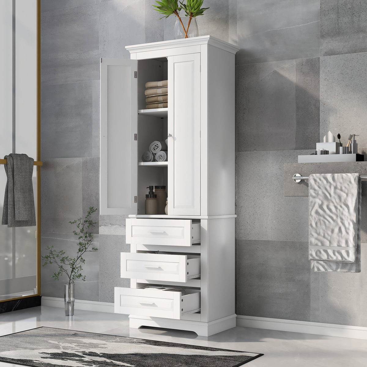 Tall Storage Cabinet with Three Drawers and Adjustable Shelf - White MDF, photo 2 of 10