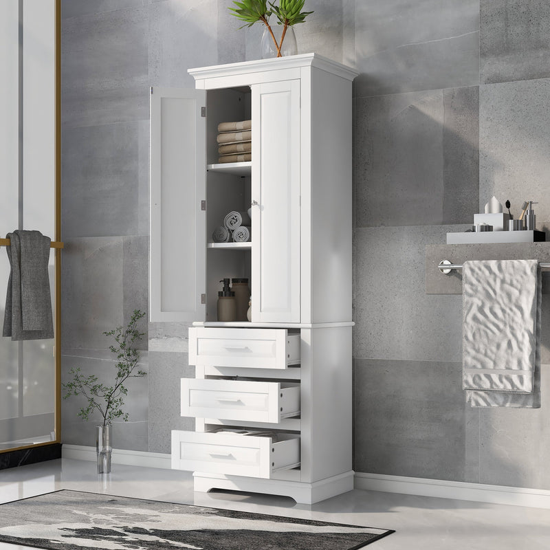 Tall Storage Cabinet with Three Drawers and Adjustable Shelf - White MDF, photo 2 of 10