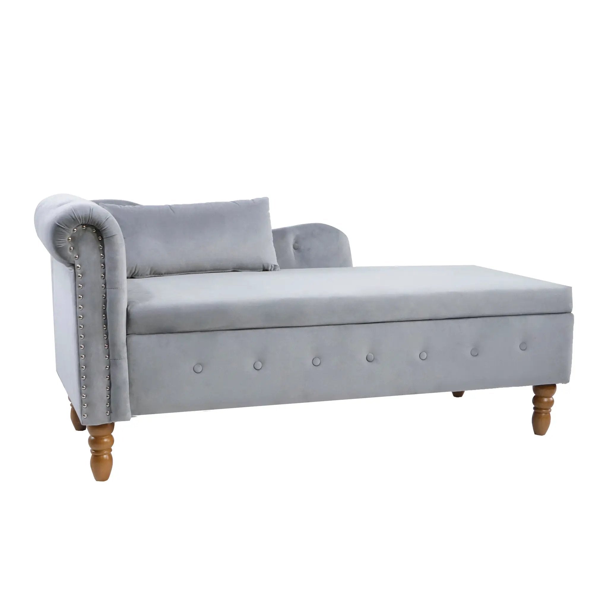 Grey Velvet Chaise Lounge Indoor with Storage & Pillow by HouseOfZazla