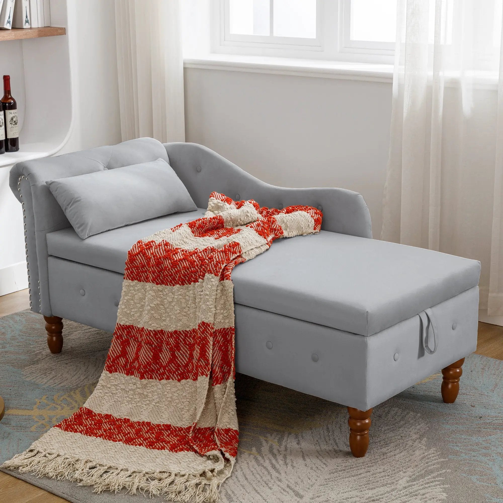 Grey Velvet Chaise Lounge Indoor with Storage & Pillow by HouseOfZazla