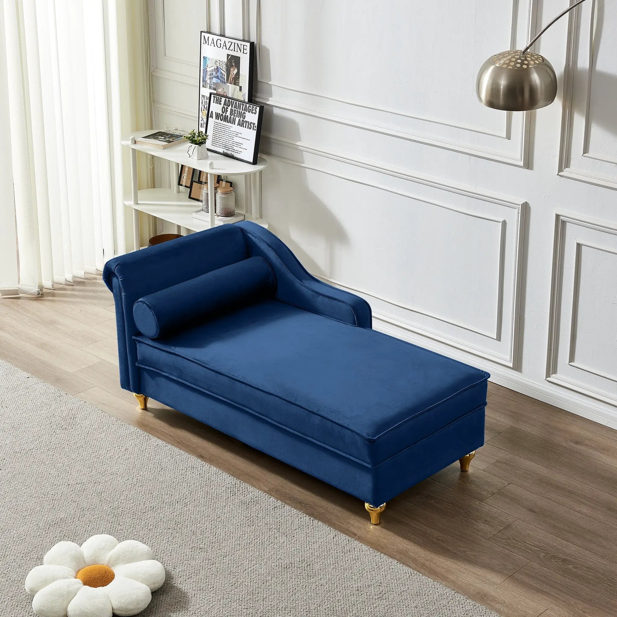 Modern Upholstery Chaise Lounge Chair with Storage Velvet - Navy Blue by HouseOfZazla