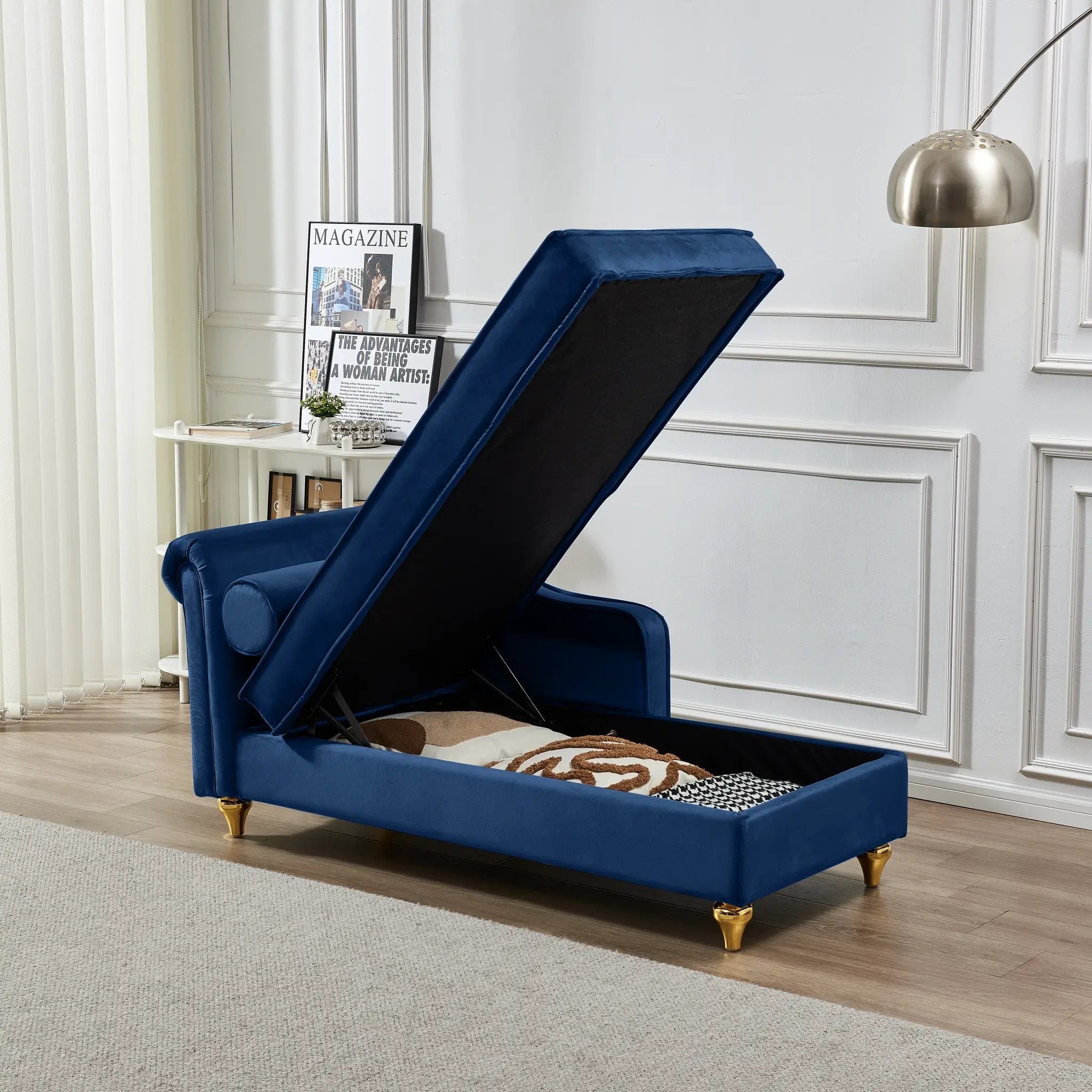 Modern Upholstery Chaise Lounge Chair with Storage Velvet - Navy Blue by HouseOfZazla