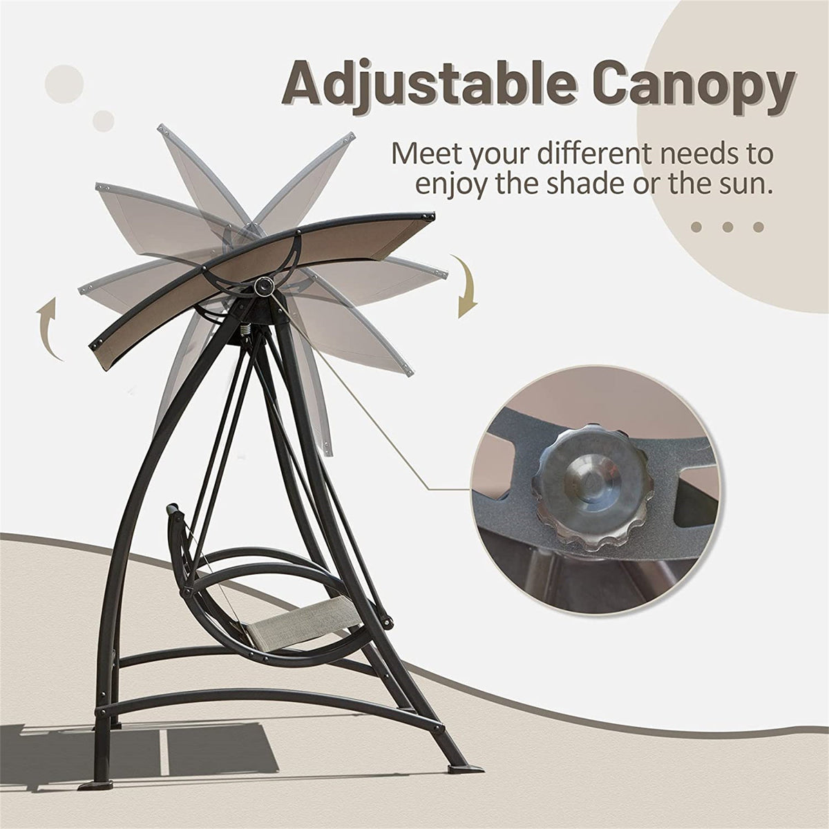 2-Seat Patio Swing Chair with Adjustable Canopy and Steel Frame, photo 3 of 7