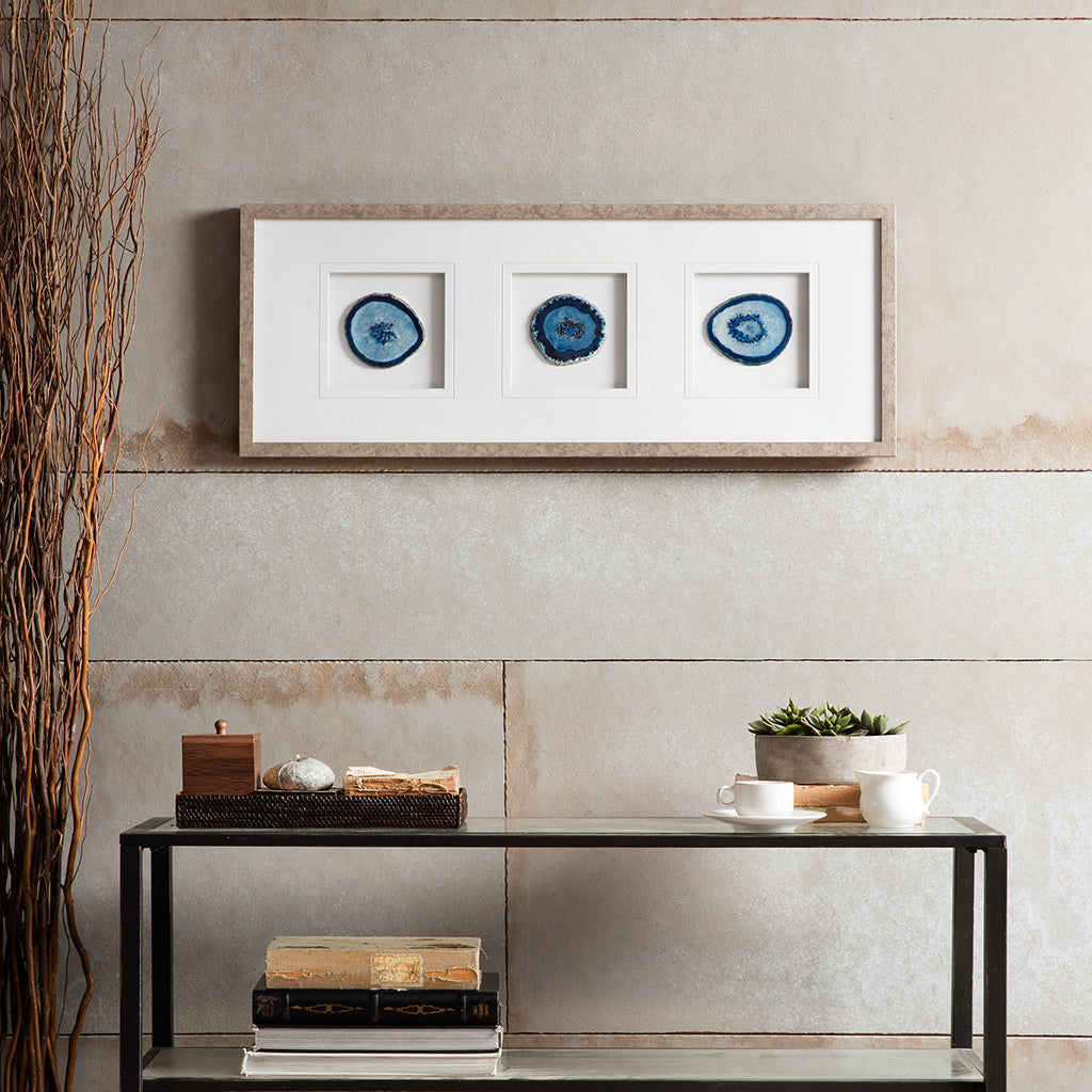 Real Stone Framed Glass and Double Matted Wall Art with Blue Agate - 34" x 13"