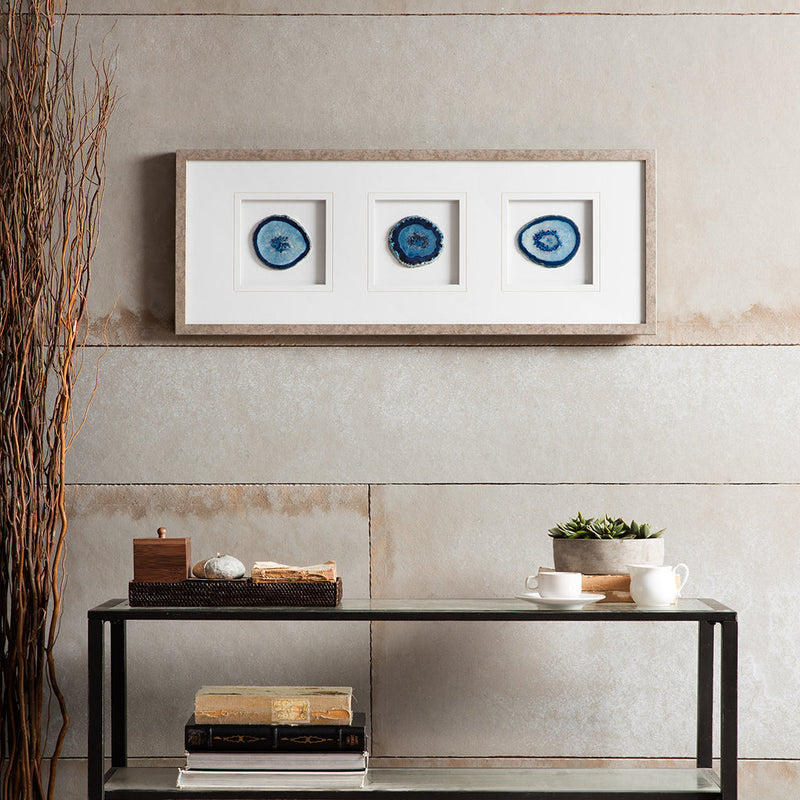 Real Stone Framed Glass and Double Matted Wall Art with Blue Agate - 34" x 13"