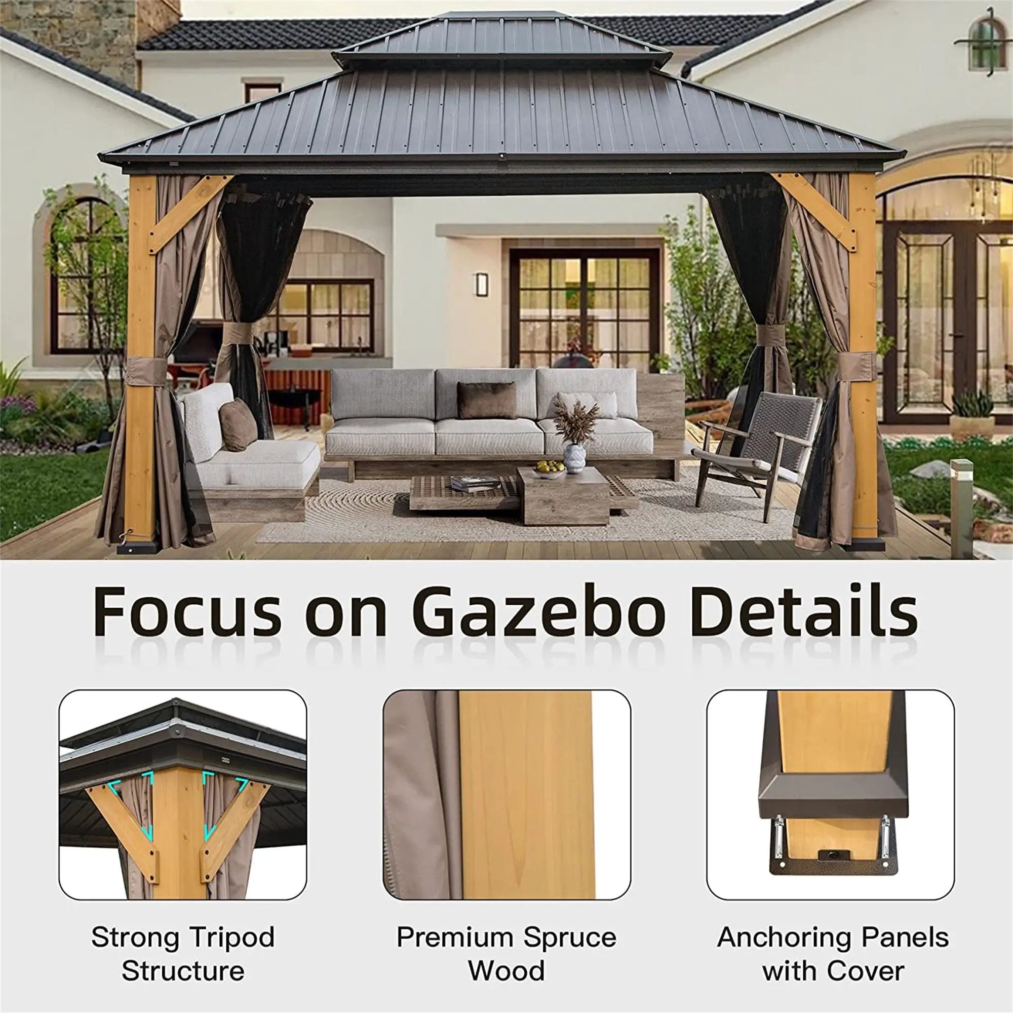 12'x14' Hardtop Gazebo, Outdoor Cedar Wood Frame Canopy by HouseOfZazla
