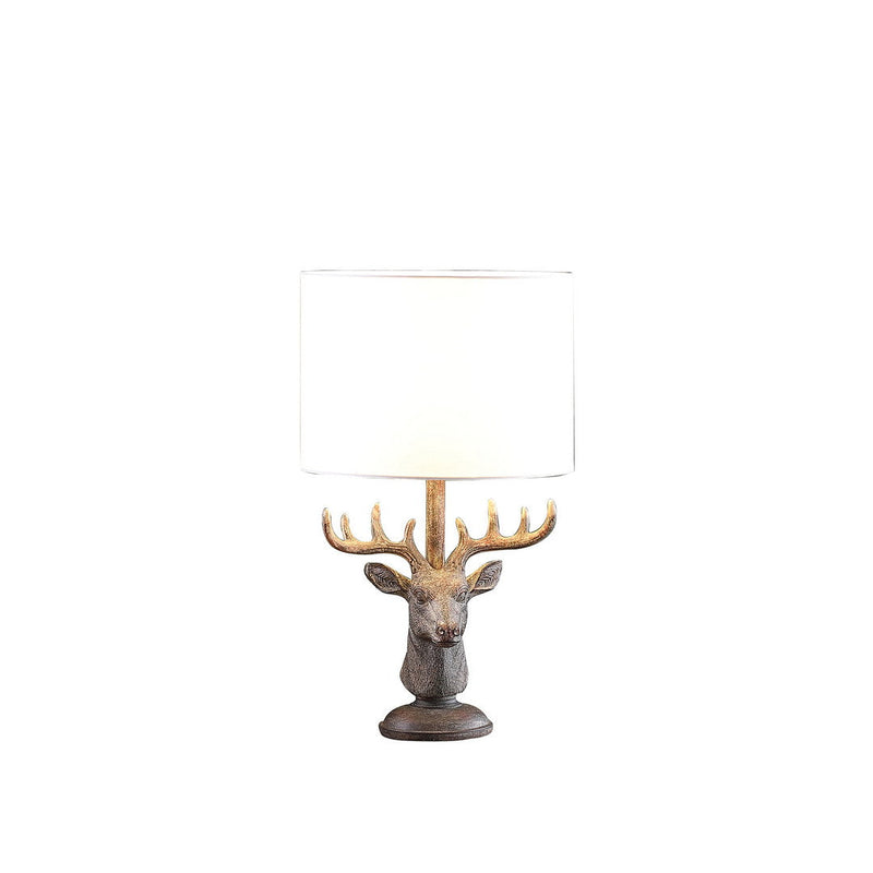 Antique Bronze Stag Elk Deer Bust Table Lamp with White Drum Shade, photo 2 of 4