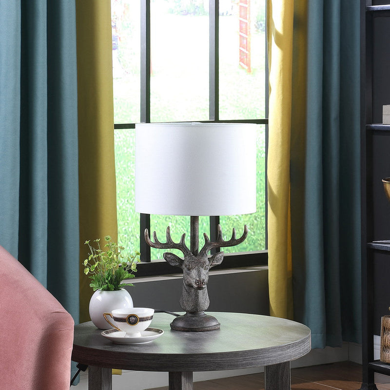 Antique Bronze Stag Elk Deer Bust Table Lamp with White Drum Shade, photo 3 of 4