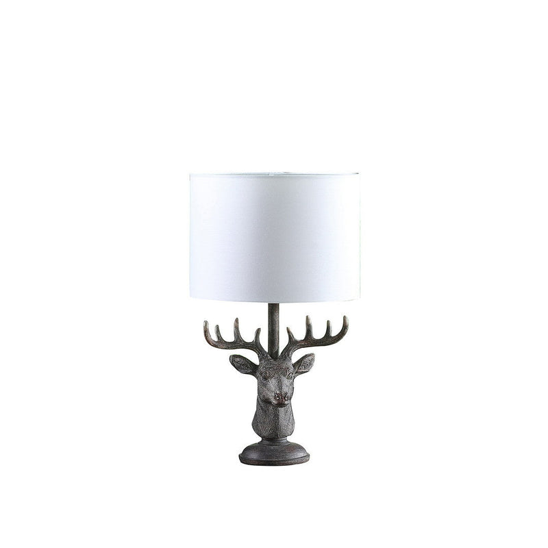 Antique Bronze Stag Elk Deer Bust Table Lamp with White Drum Shade