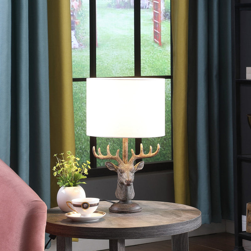 Antique Bronze Stag Elk Deer Bust Table Lamp with White Drum Shade, photo 4 of 4