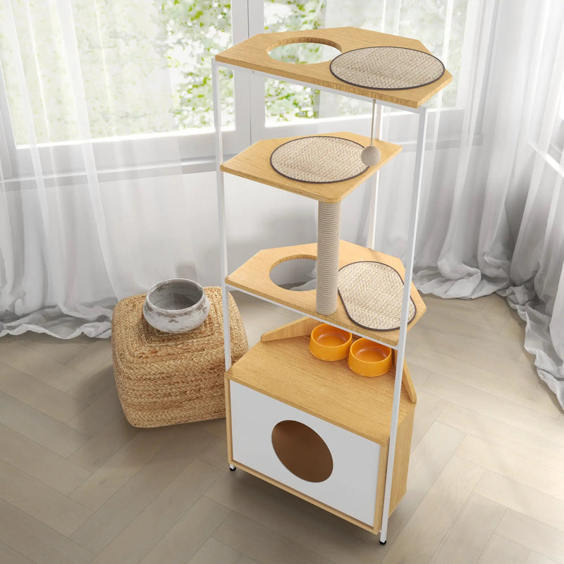 Corner Cat Tower with Scratching Post and Feeding Station by HouseOfZazla