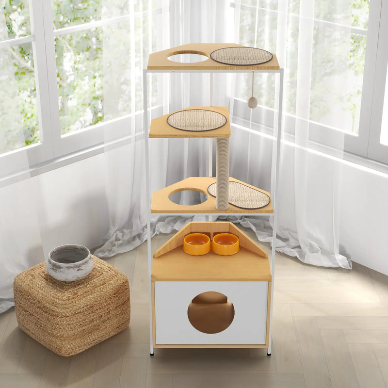 Corner Cat Tower with Scratching Post and Feeding Station by HouseOfZazla