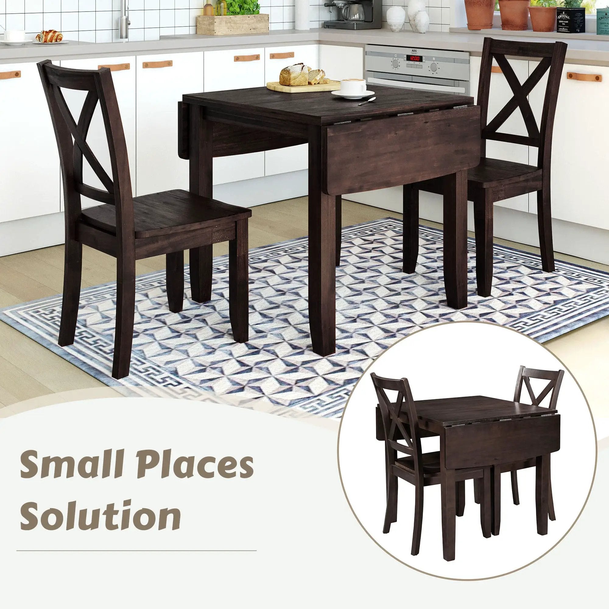 TOPMAX 3-Piece Wood Drop Leaf Breakfast Nook Dining Table Set with 2 X-back Chairs by HouseOfZazla