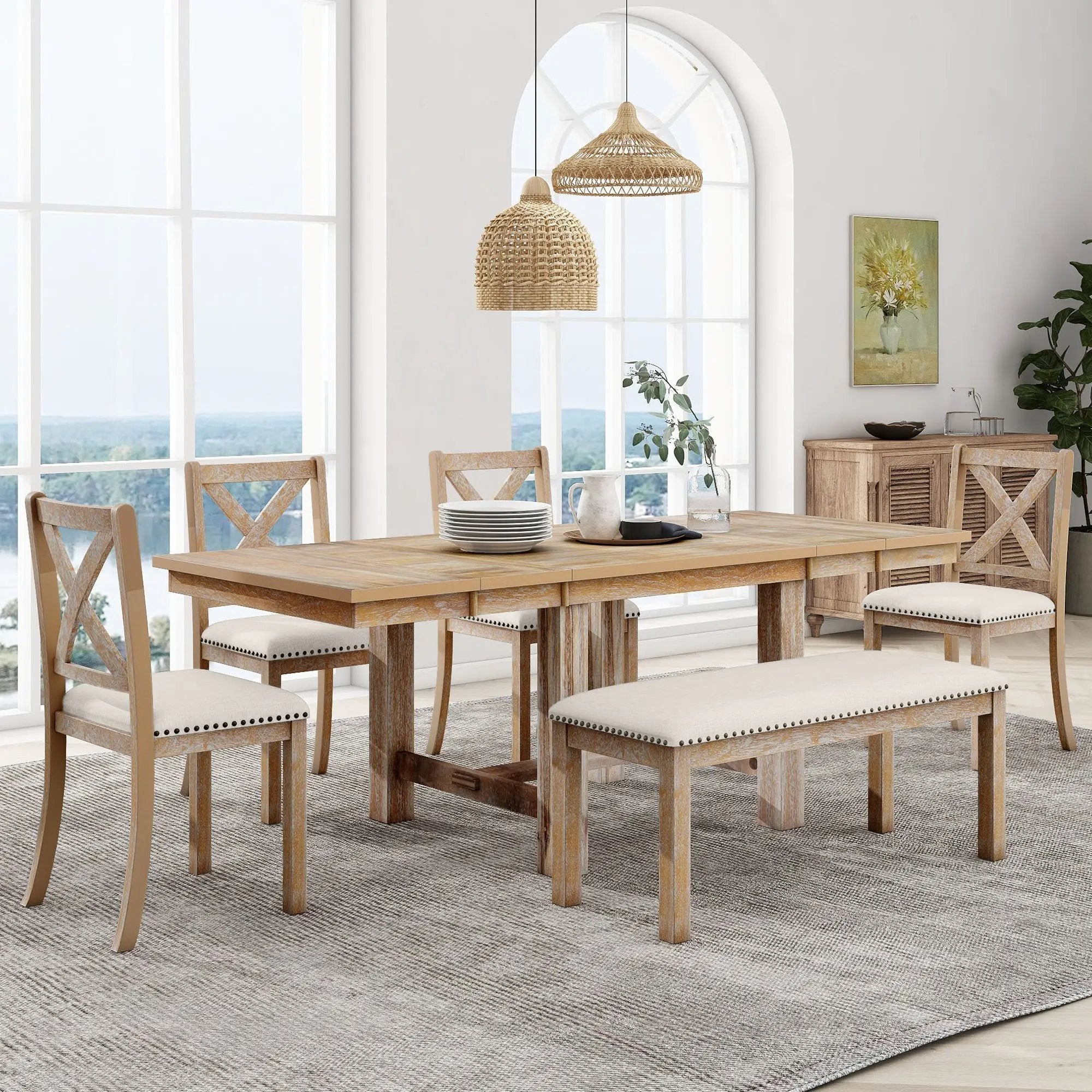 TOPMAX Farmhouse 82inch 6-Piece Extendable Dining Table Set by HouseOfZazla