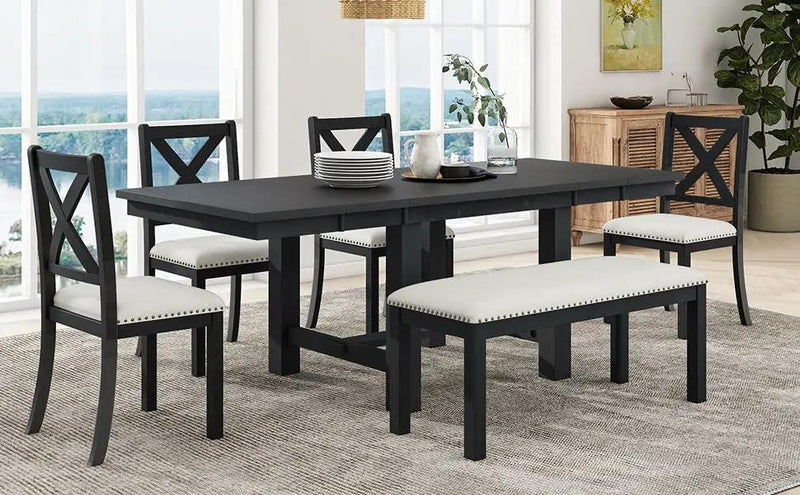 TOPMAX Farmhouse 82-Inch 6-Piece Extendable Dining Table Set by HouseOfZazla