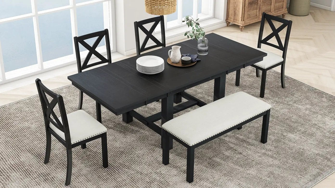 TOPMAX Farmhouse 82-Inch 6-Piece Extendable Dining Table Set by HouseOfZazla