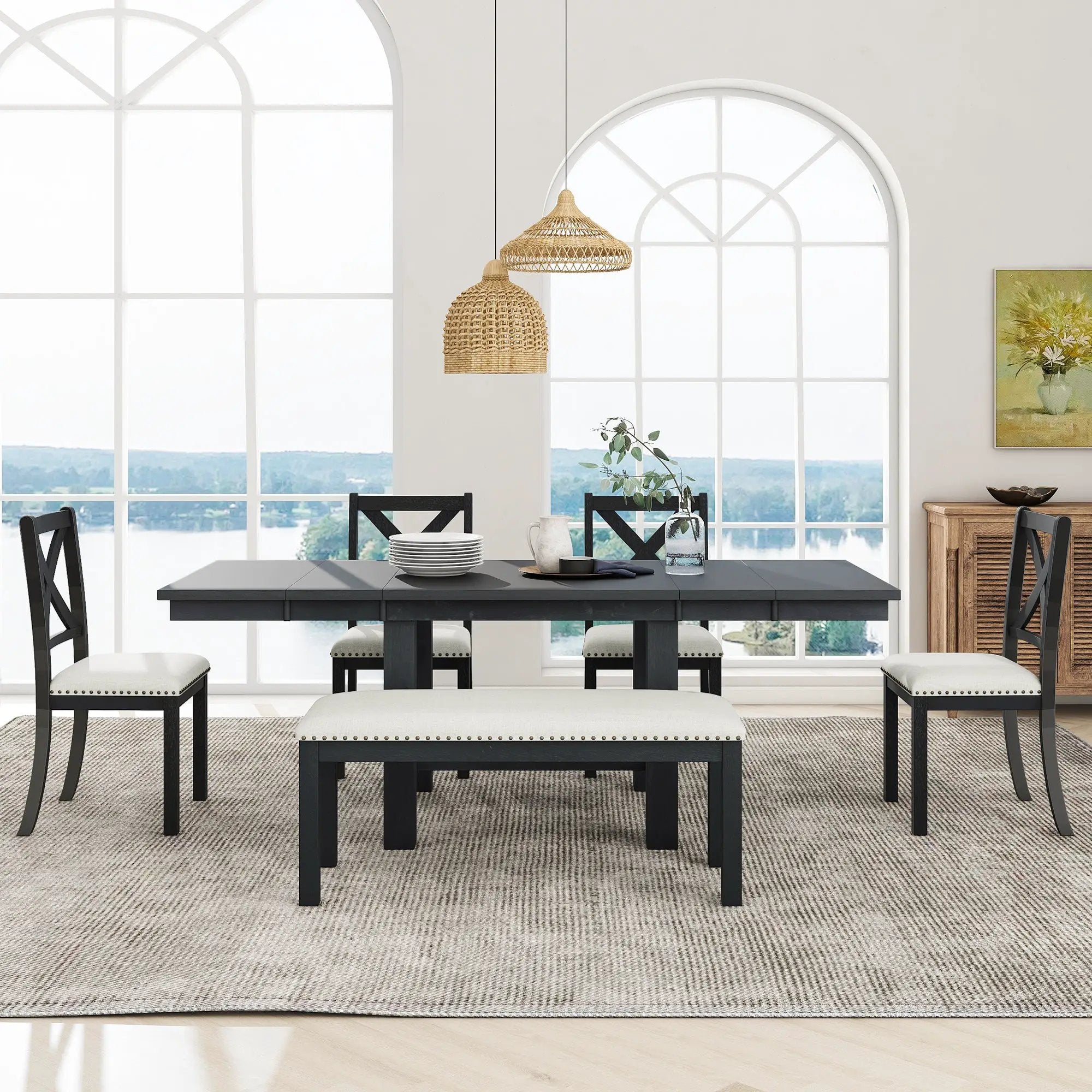 TOPMAX Farmhouse 82-Inch 6-Piece Extendable Dining Table Set by HouseOfZazla