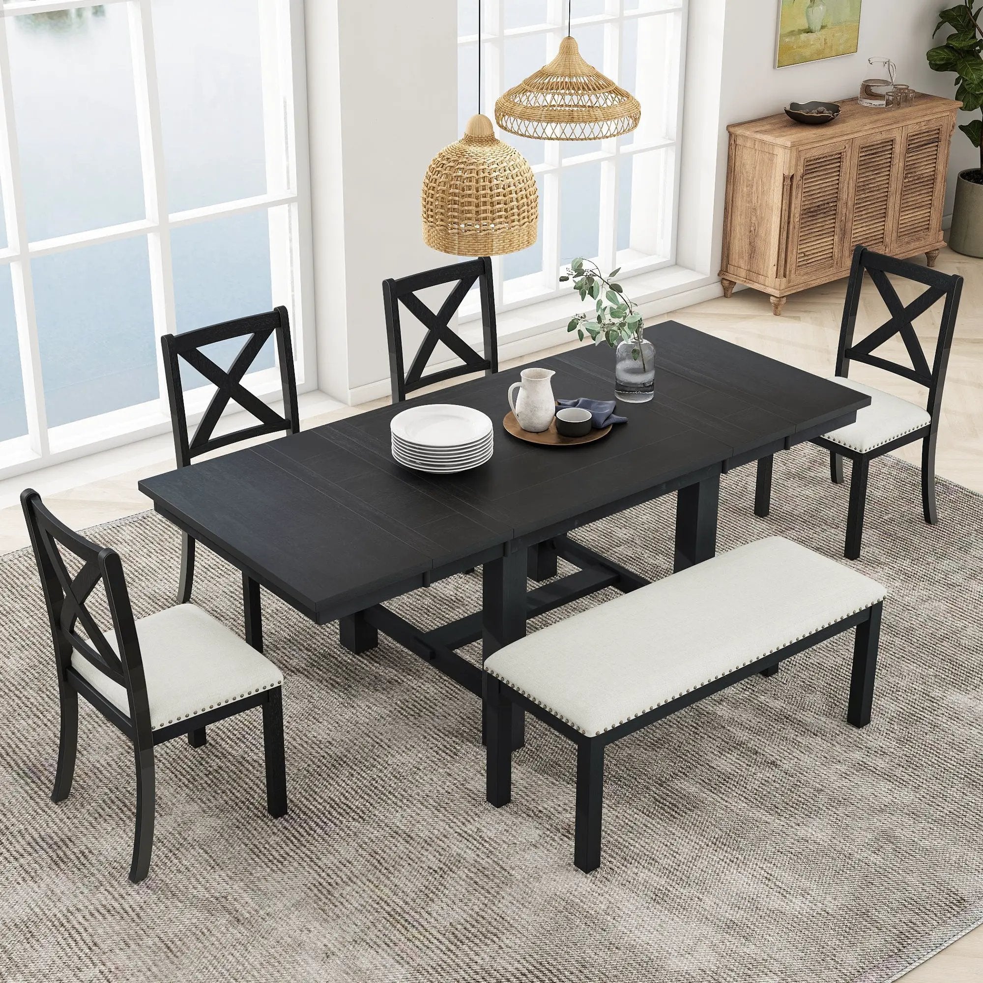 TOPMAX Farmhouse 82-Inch 6-Piece Extendable Dining Table Set by HouseOfZazla