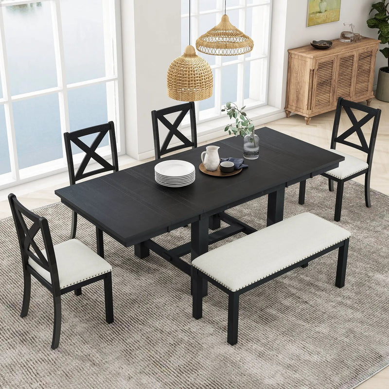 TOPMAX Farmhouse 82-Inch 6-Piece Extendable Dining Table Set by HouseOfZazla